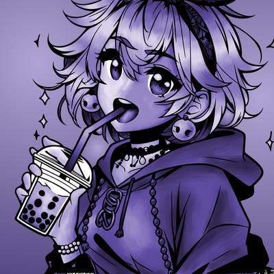 hot baddie anime girl drinking boba and biting the straw