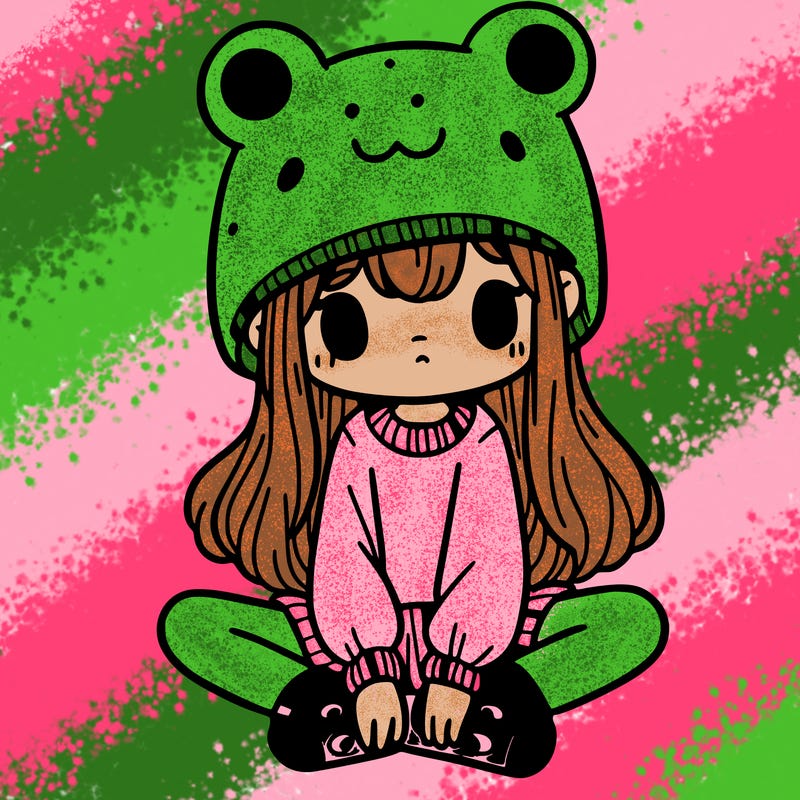 a girl wearing a frog hat and some frog socks