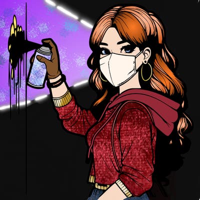 realistic girl with mask spray painting a wall