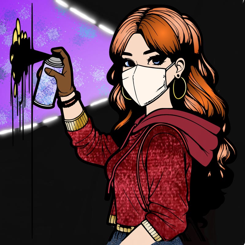 realistic girl with mask spray painting a wall