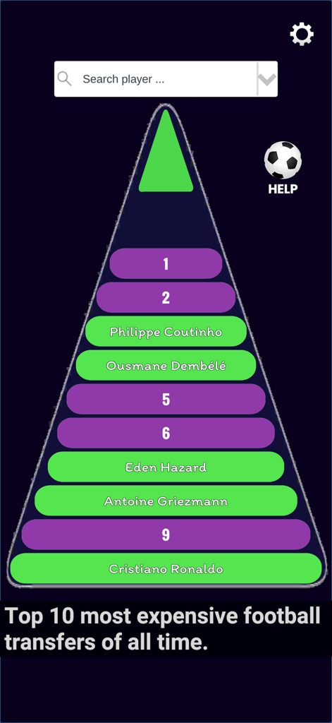 Football Quiz: 10 Guess - Football Quiz 10 Guess gameplay showing the top 10 most expensive football transfers leaderboard.