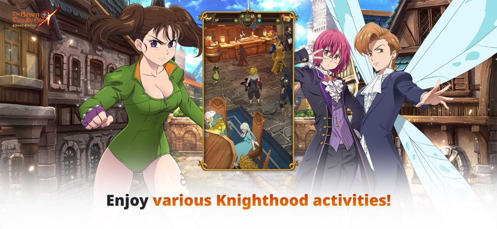 The Seven Deadly Sins - Tres personajes de anime de The Seven Deadly Sins Grand Cross junto a una pantalla de juego que muestra actividades de las Hermandades