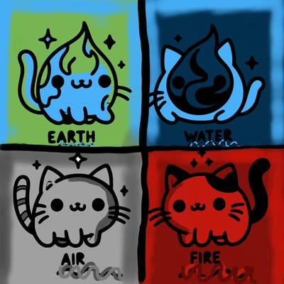 4 cats that represent the different elements, earth, water, air, and fire