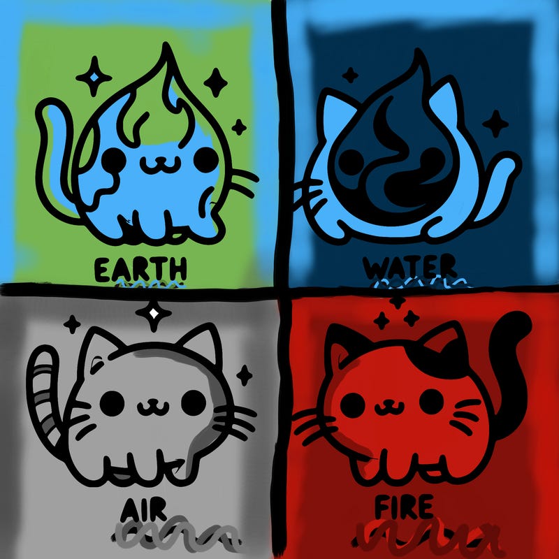 4 cats that represent the different elements, earth, water, air, and fire