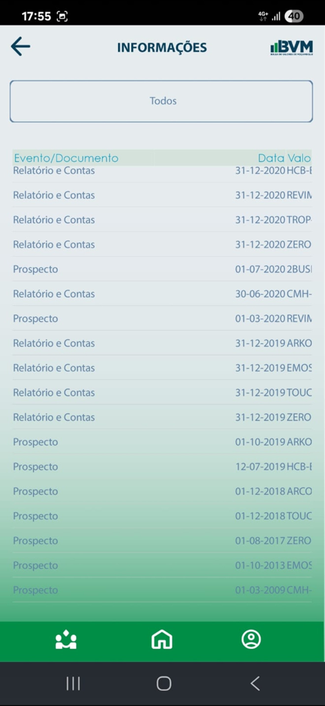 BVM Móvel - Pantalla de información de la aplicación BVM Móvel que enumera informes y prospectos del mercado de valores