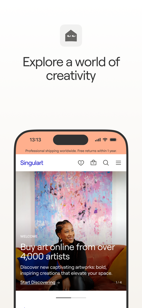 Singulart: Buy Original Art - Pantalla de inicio de la app móvil Singulart con una mujer delante de arte abstracto y el texto Compra arte online de más de 4000 artistas.