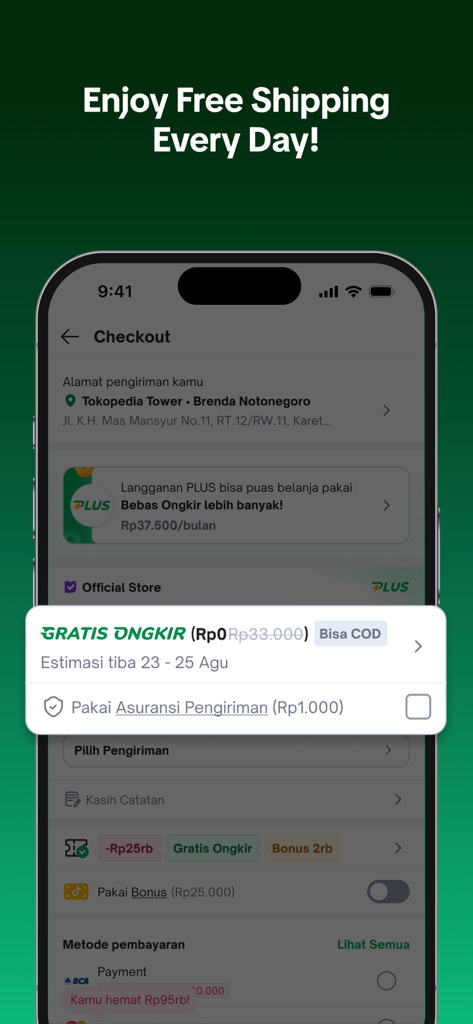 Tela de smartphone mostrando o processo de finalização de compra do aplicativo Tokopedia com uma promoção de frete grátis em destaque.