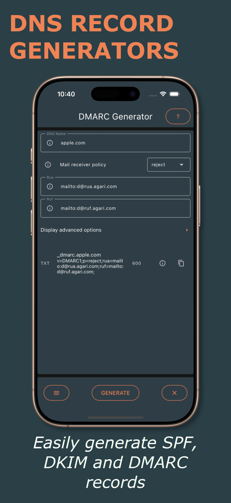DNS Toolkit - DMARC record generator interface in the DNS Toolkit app showing configuration for apple.com