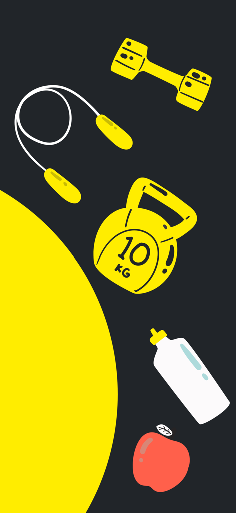 Icons für Hantel, Kettlebell, Springseil, Wasserflasche und Apfel für die 4020-App