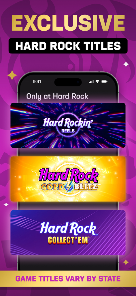 A mobile screen showing exclusive Hard Rock Bet casino titles like Hard Rockin Reels and Hard Rock Gold Blitz