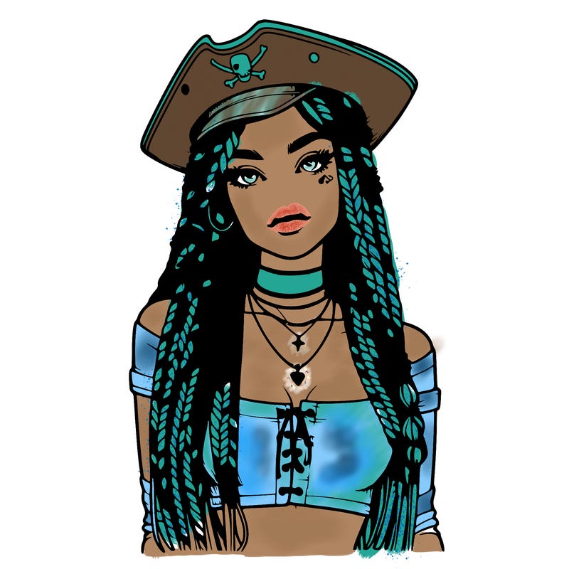realistic girl with box braids a realistic pirate hat and crop top