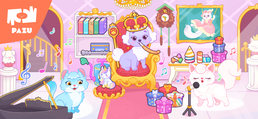 Princess Palace Pets World - Cute cartoon pets singing and playing music in a royal palace room with a throne and piano