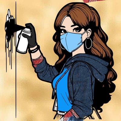 realistic girl with mask spray painting a wall