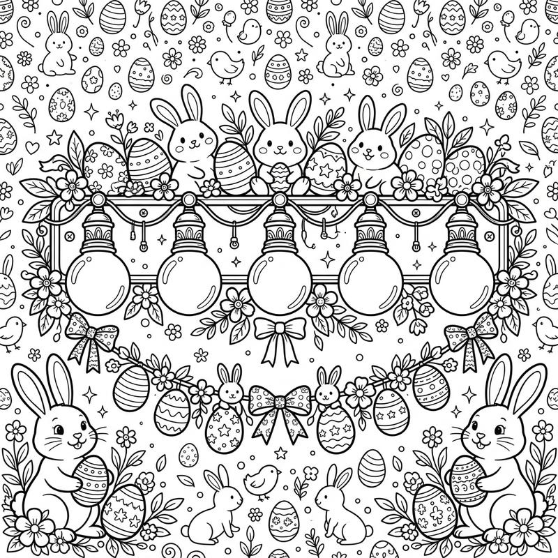 Celebrate Easter with this unique coloring page showcasing vanity lights beautifully adorned with festive bunnies, eggs, and spring blossoms. It's a delightful blend of practical decor and holiday cheer, ready for your creative touch.