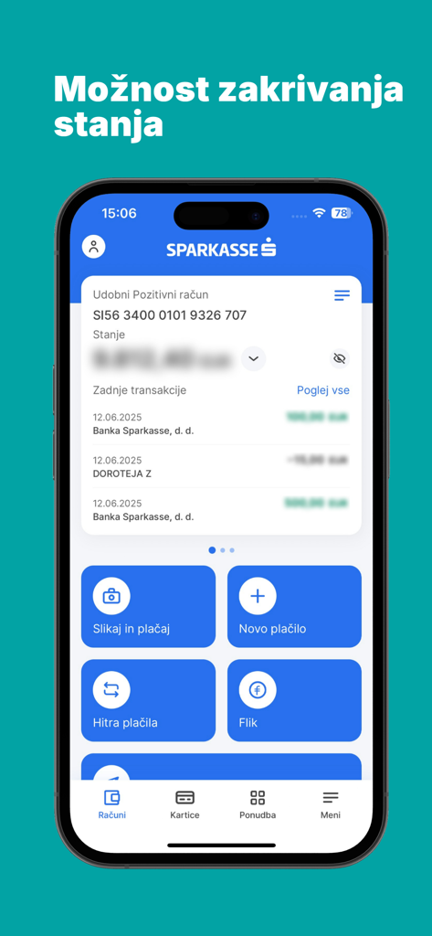 Sparkasse M.Stik - Interfaccia dell'app di mobile banking Sparkasse M.Stik che mostra una dashboard del conto con dettagli finanziari sfocati per la privacy e pulsanti di accesso rapido per i pagamenti