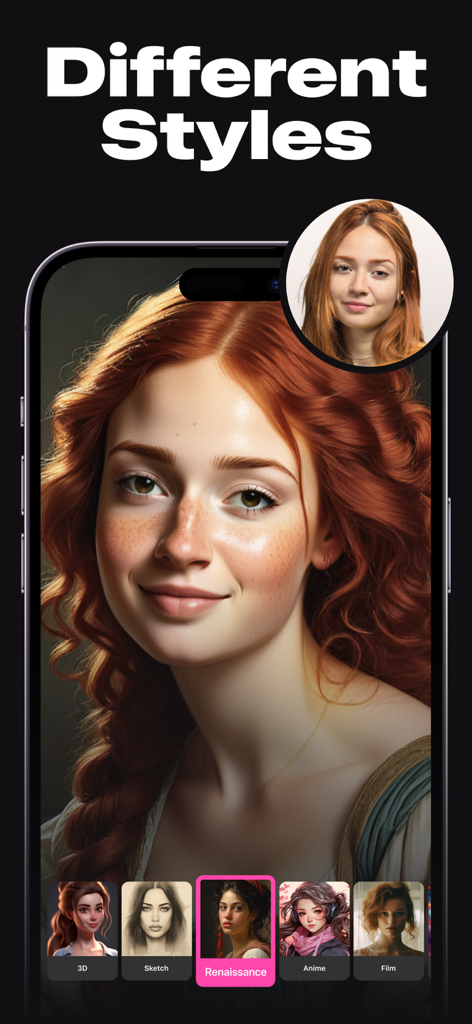 AI Photo Generator & Enhance - AI Photo Generator app showing a woman's portrait transformed into a Renaissance painting style