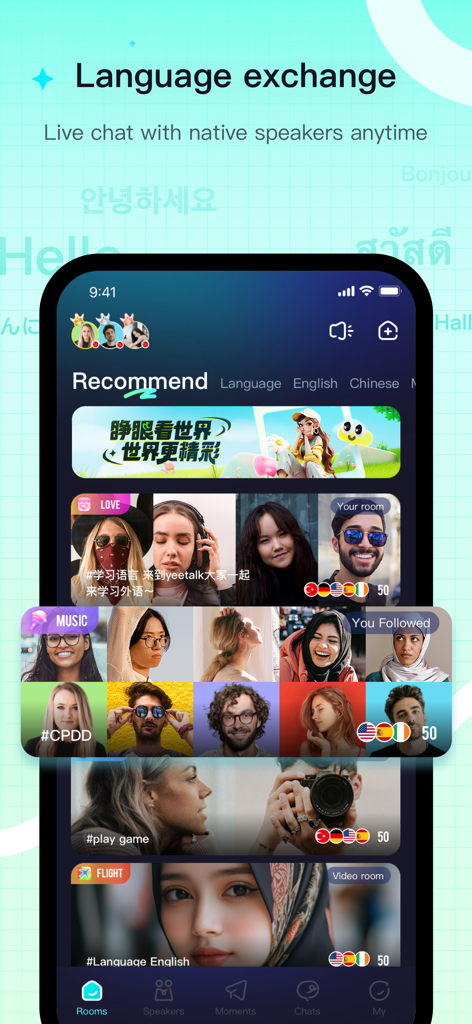 A smartphone showing the YeeTalk app interface for live language exchange with a grid of diverse profile photos.