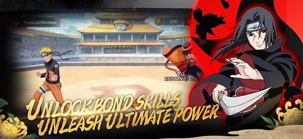 Naruto and Itachi Uchiha in a battle arena from the Naruto Ninja Spirit mobile game