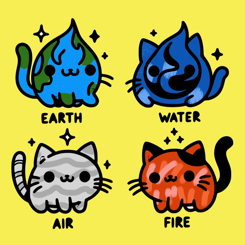 4 cats that represent the different elements, earth, water, air, and fire
