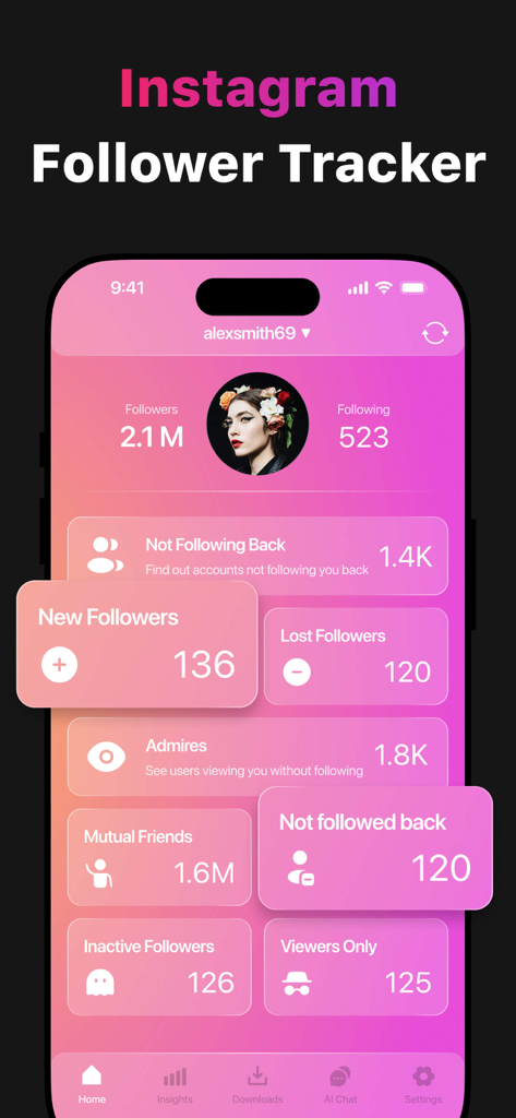 Dashboard der Instagram Follower Tracker App, das Profilanalysen und Zielgruppen-Einblicke anzeigt