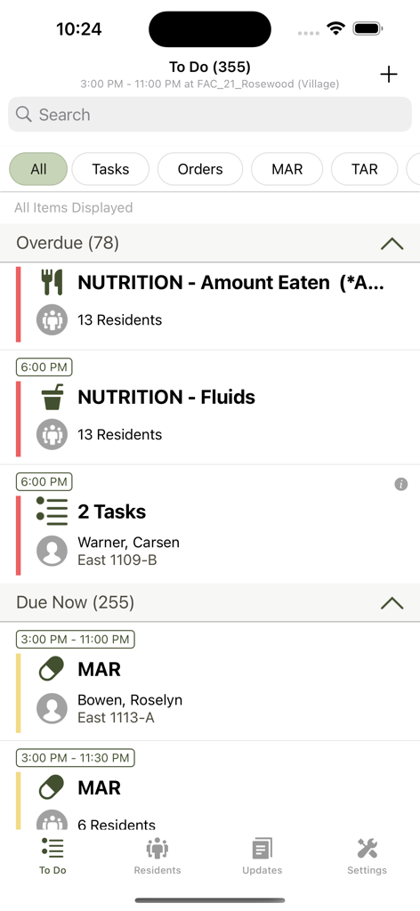 The To-Do list screen of the PointClickCare Companion app showing overdue and current healthcare tasks including nutrition and medication administration.