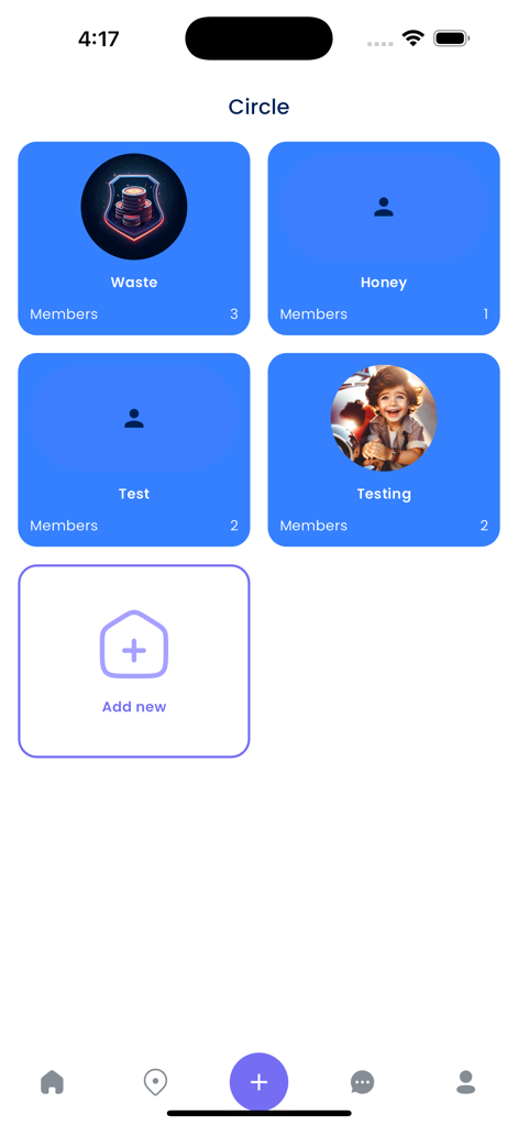 Family Circle - Dashboard showing different family groups and member counts in the Family Circle app