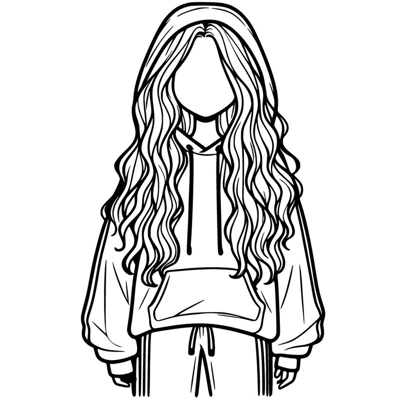 girl with long wavy hair in oversized hoodie, trackies, and has no face