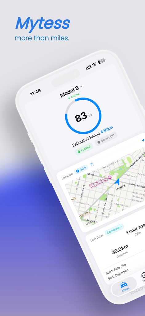 Interfaccia dell'app Mytess che mostra lo stato della batteria di Tesla Model 3 e la mappa della posizione in tempo reale