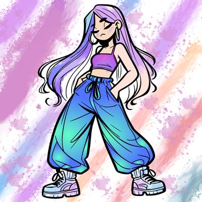 girl in baggy pants crop top and long hair