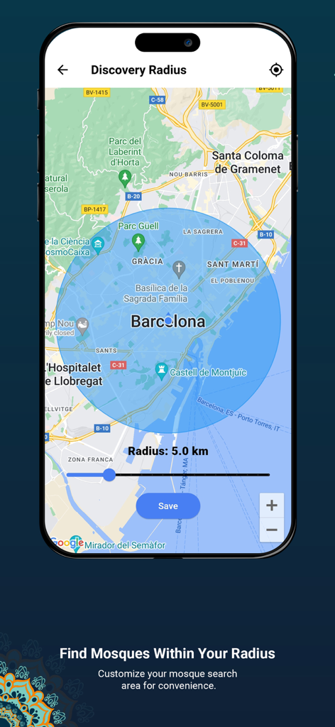 Salah Mate - Salah Mateモバイルアプリのインターフェース。近くのモスクを見つけるためにカスタマイズ可能な5kmの発見半径を持つ地図が表示されています。