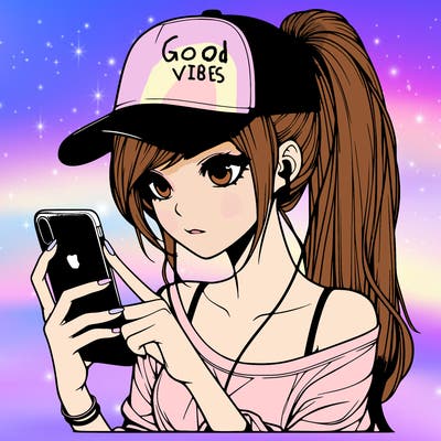 realistic girl with a long ponytail and trucker hat holding an iphone