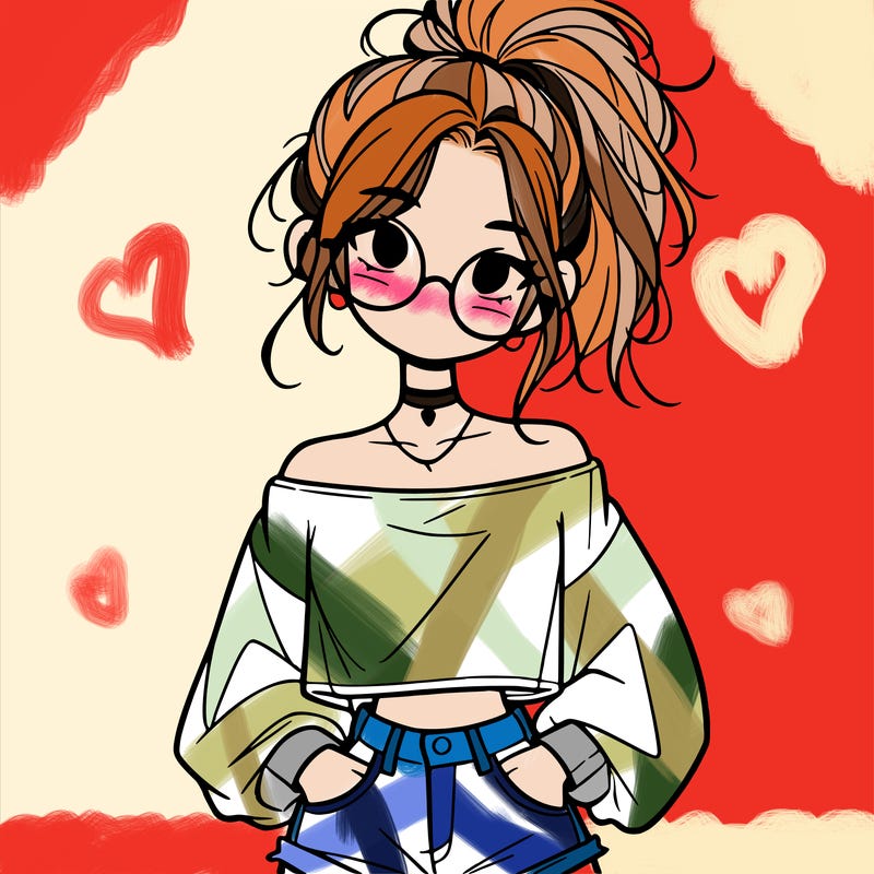 girl with a messy ponytail glasses a baggy crop top and jean shorts