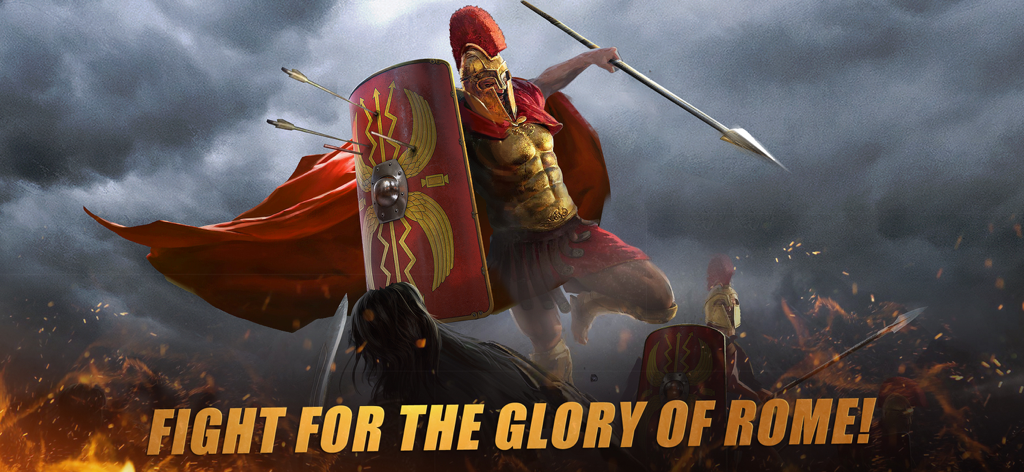 Grand War: Rome Strategy Games - Roman soldier with spear and shield on a battlefield with the text Fight for the Glory of Rome