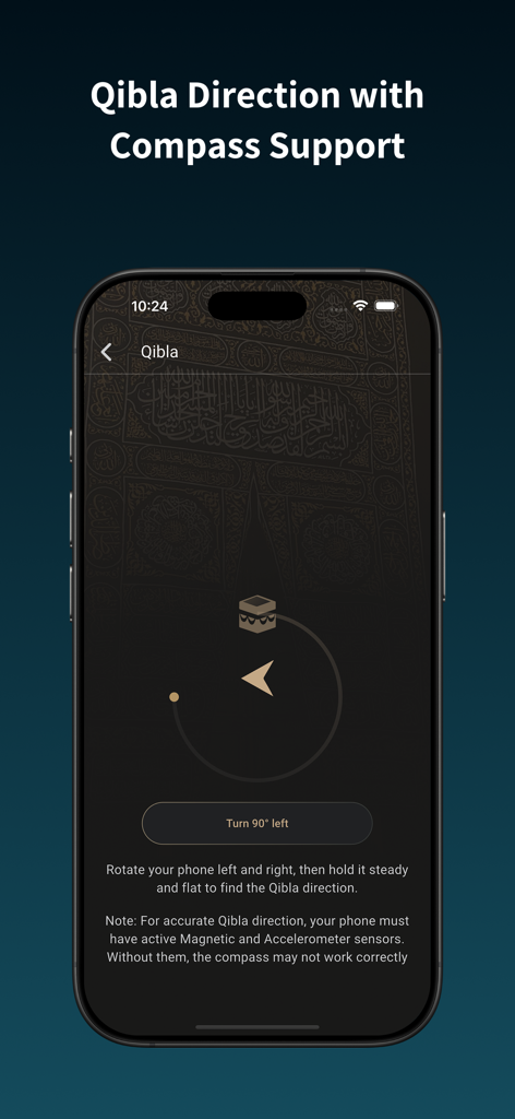 Muslim Times Pro: Prayer,Quran - Interface do aplicativo Muslim Times Pro exibindo a bússola Qibla para direção de oração.