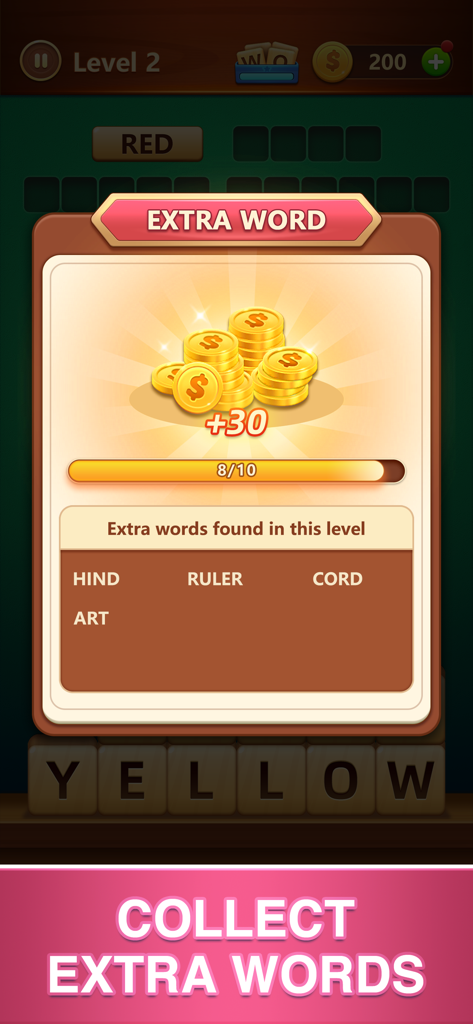 A screenshot of the Word Fall puzzle game displaying a bonus pop up for collecting extra words with gold coins rewards.