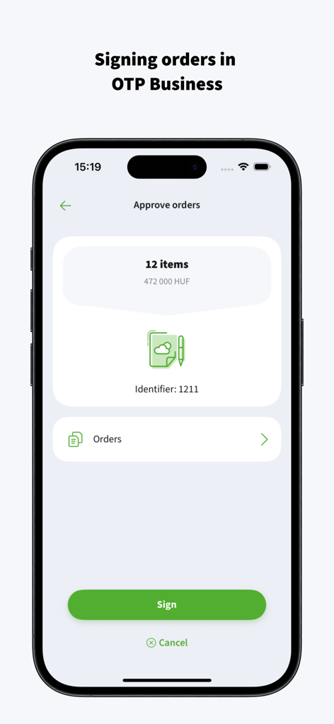 OTP Business app screen for signing and approving multiple transaction orders in HUF