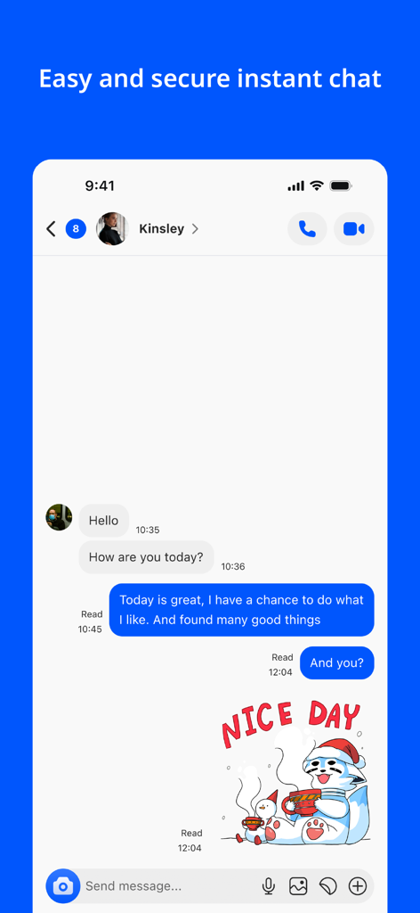 UChat - Messenger - Interface of UChat Messenger app showing an instant chat conversation with text and a sticker.