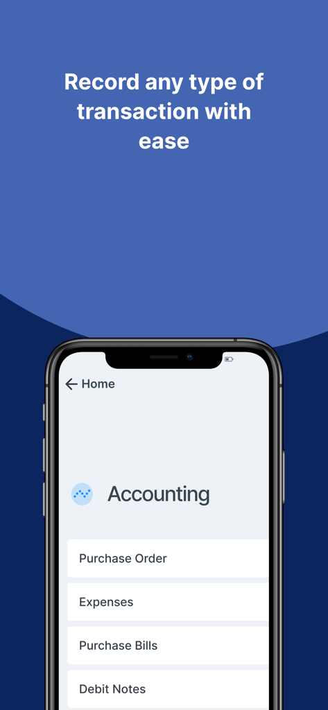TIGG-Cloud Accounting software - TIGG accounting app menu for recording transactions like expenses and purchase orders