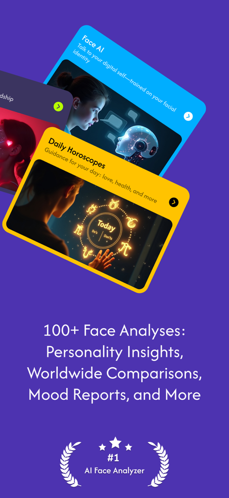 FaceYourself: AI Face Analysis - AI顔分析機能、性格の洞察、毎日の星占いを強調するFaceYourselfアプリのプロモーションスクリーンショット