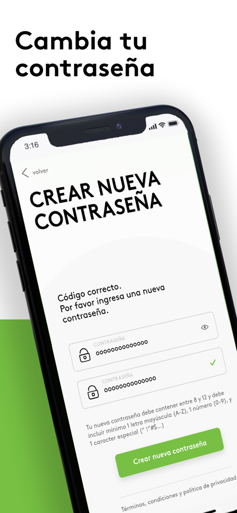 Areandina APP - Areandina mobile app interface for creating a new password with input fields and a green confirmation button.