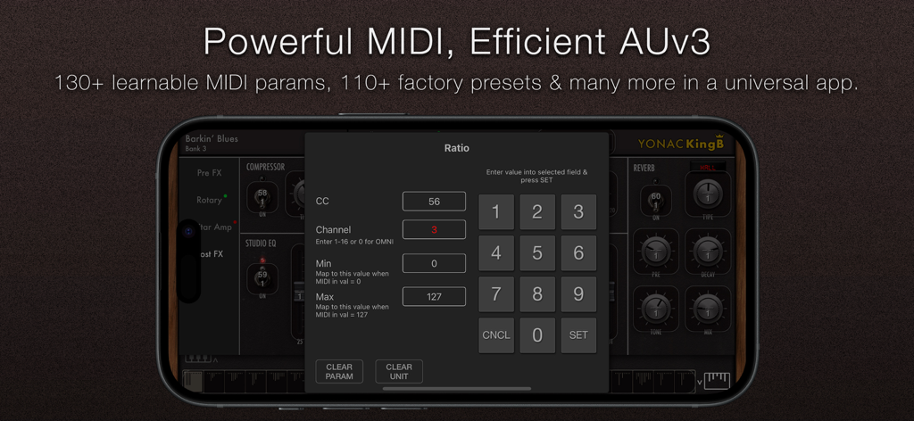 KingB Organ - KingB Organ app showing the MIDI mapping settings interface on a smartphone screen