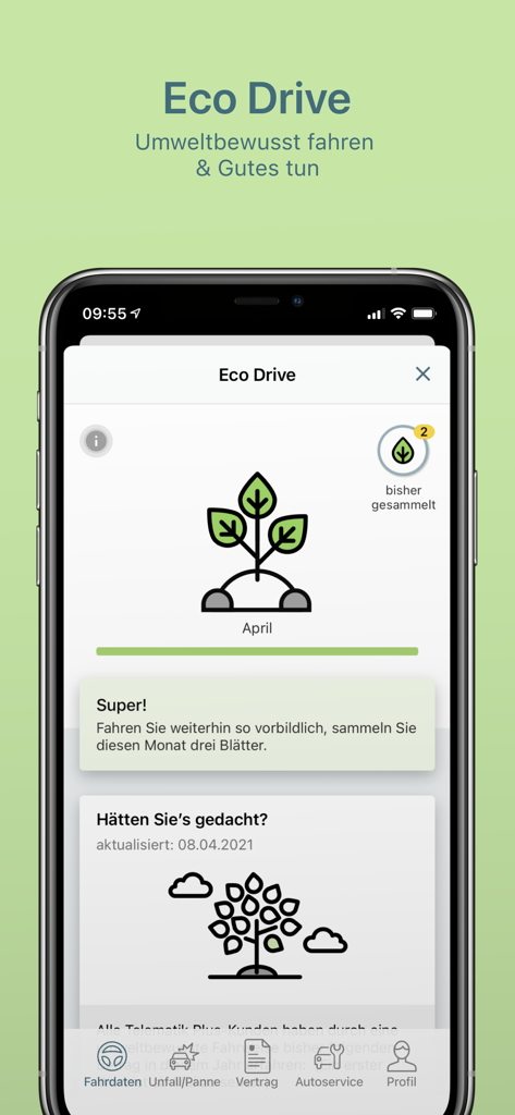 Uno screenshot della funzione Eco Drive dell'app HUK Mein Auto che mostra premi per la guida ecologica e un'illustrazione di un pianta.