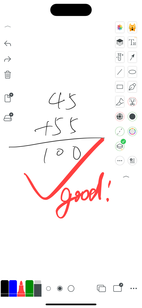Digital whiteboard app interface showing a handwritten math addition and a red checkmark with the word good