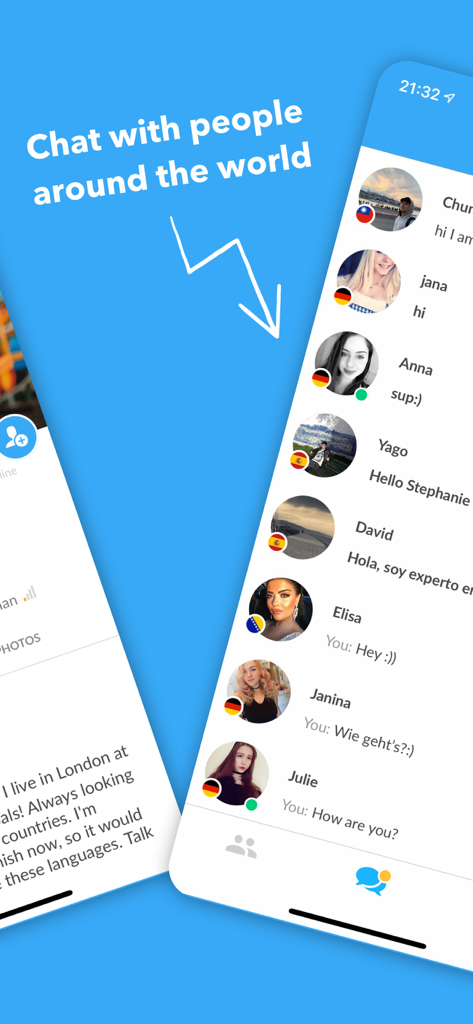 Interface de chat de l'application InterPals montrant une liste de messages de chat avec des partenaires linguistiques internationaux