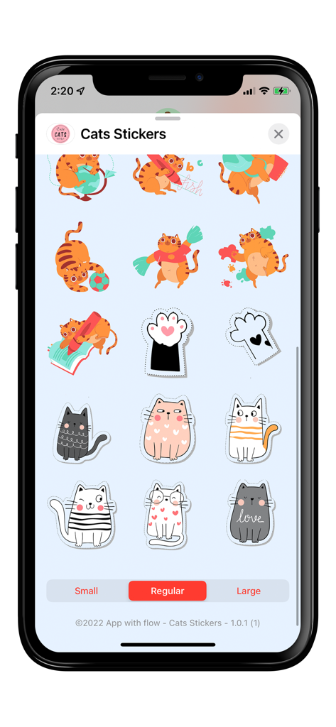Cute Cats - GIFs & Stickers - Interfaz móvil de la aplicación Cute Cats que muestra una variedad de pegatinas de gatos ilustradas para mensajería.