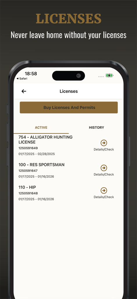 MDWFP HuntFish - MDWFP HuntFish app interface displaying active digital hunting and fishing licenses