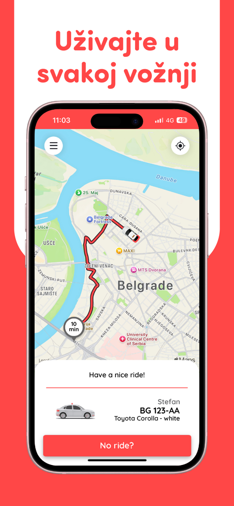 Rapid: Order a Ride - Interfaz de la aplicación de transporte Rapid que muestra la ubicación y ruta de un taxi en un mapa de Belgrado.