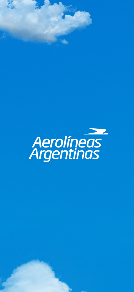 Schermata di avvio dell'app mobile Aerolíneas Argentinas con logo e sfondo di cielo blu