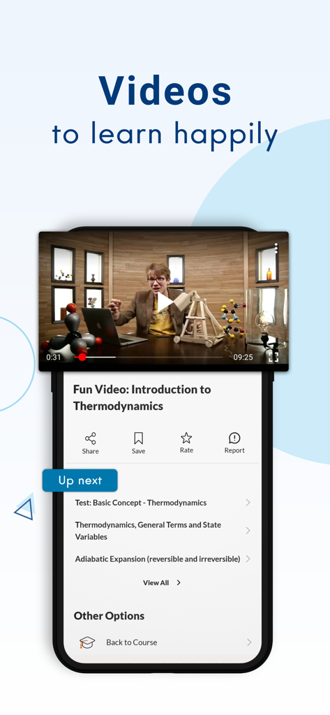 EduRev app interface showing a video lecture on thermodynamics with a list of related study topics.