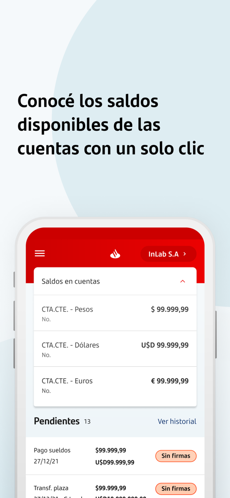 Santander Empresas Uruguay - Santander Empresas Uruguay mobile app screen showing checking account balances in multiple currencies and pending transactions